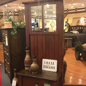 Entry-bench-pine-rustic-black-glaze-on-red-seat-victoriaville